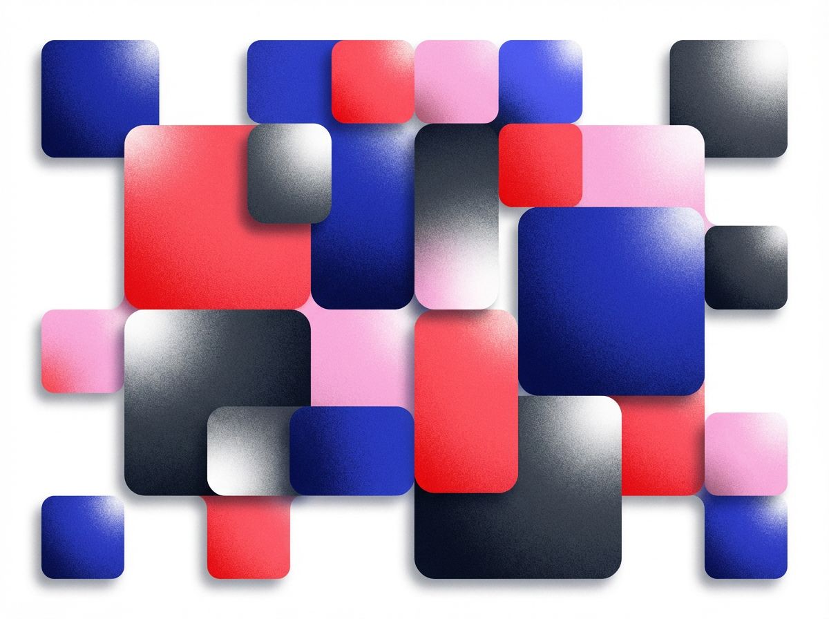 Abstract grid of rounded squares in blue, red, and pink