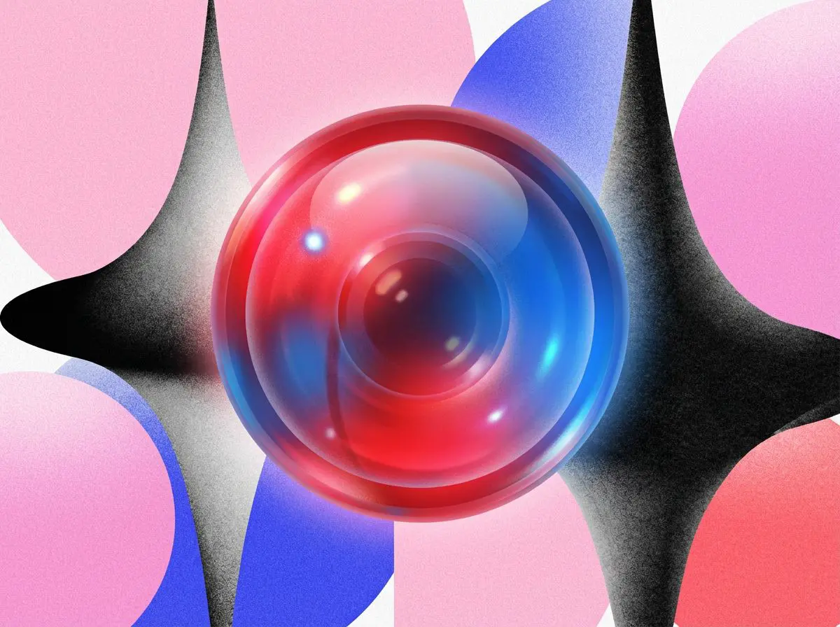 Glossy red and blue orb between black star shapes