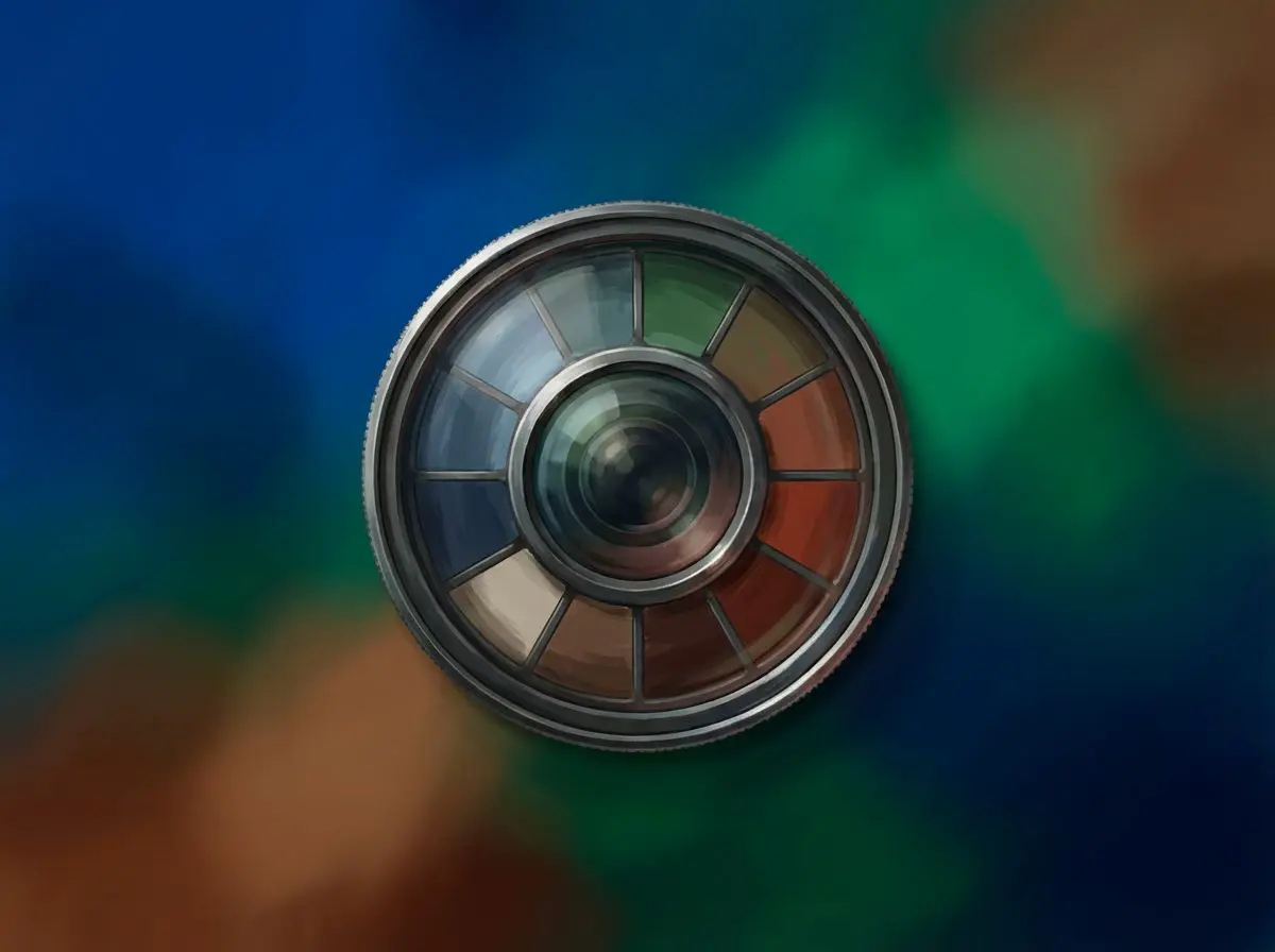 Camera lens ringed by muted color swatches on blurred background