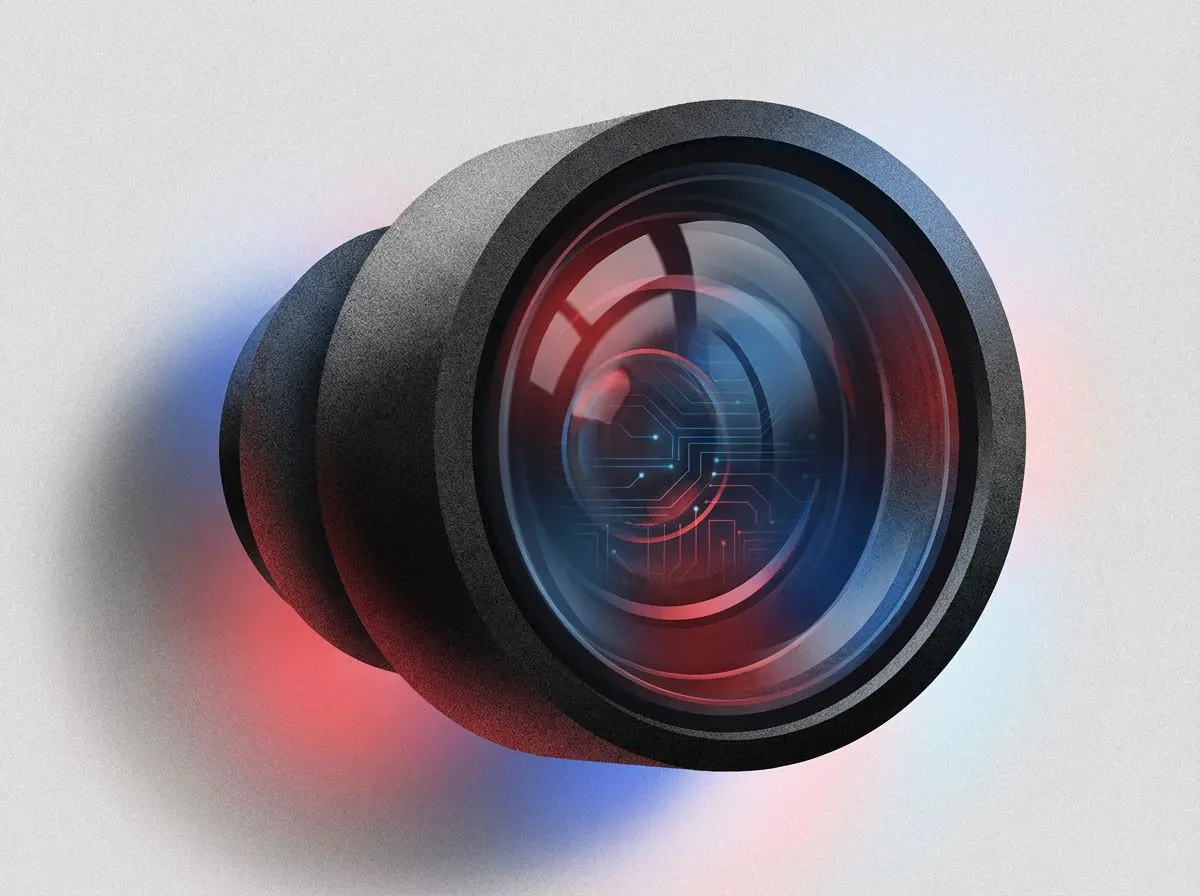 Camera lens illustration with circuit traces inside the glass