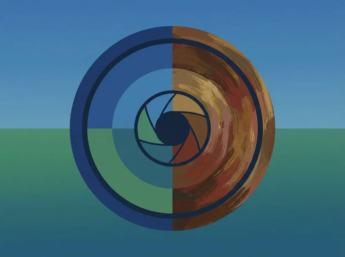 Camera aperture illustration split between flat color and brushstrokes