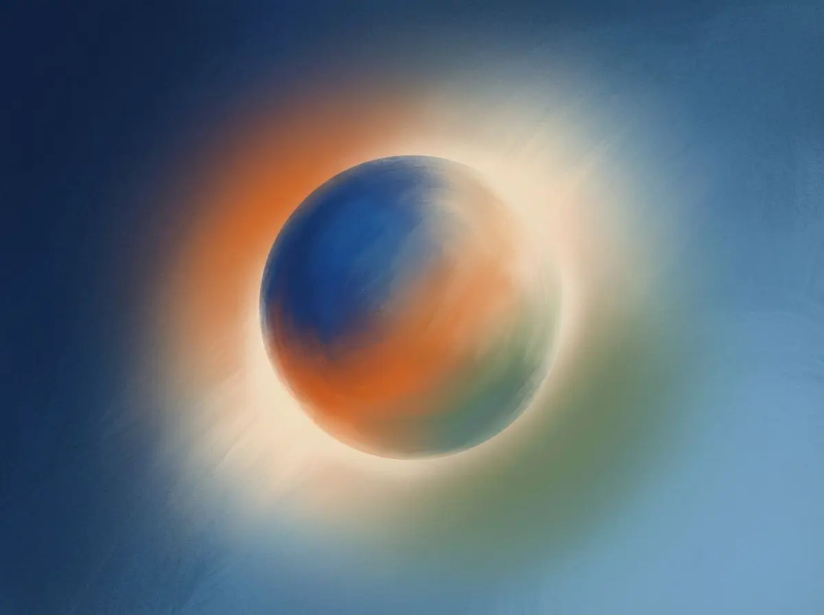 Painterly sphere glowing orange against a blue background