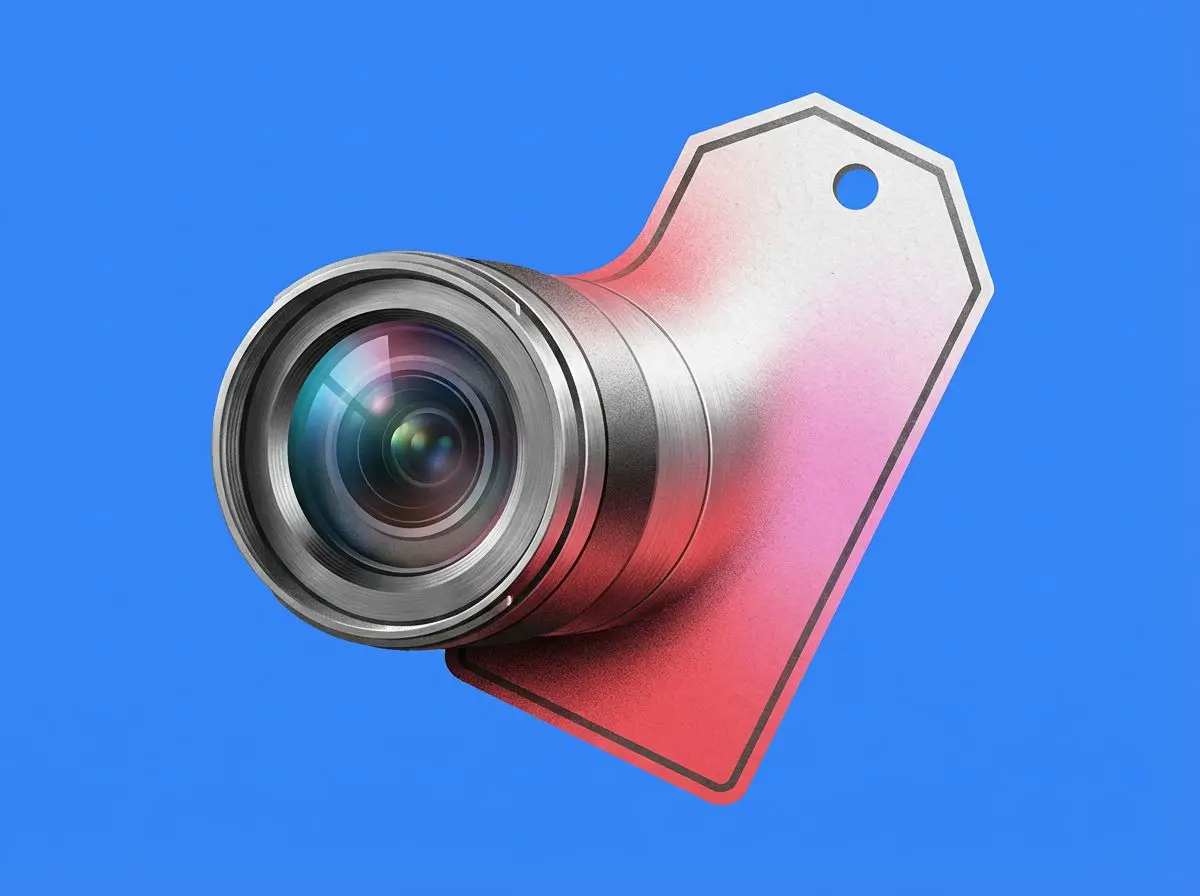Camera lens attached to a red price tag