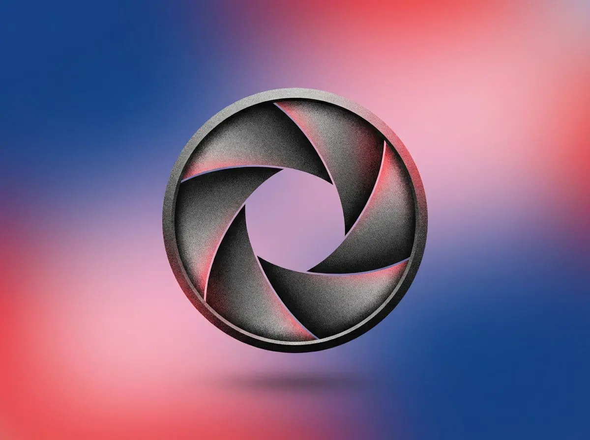 Camera shutter aperture on a red and blue gradient