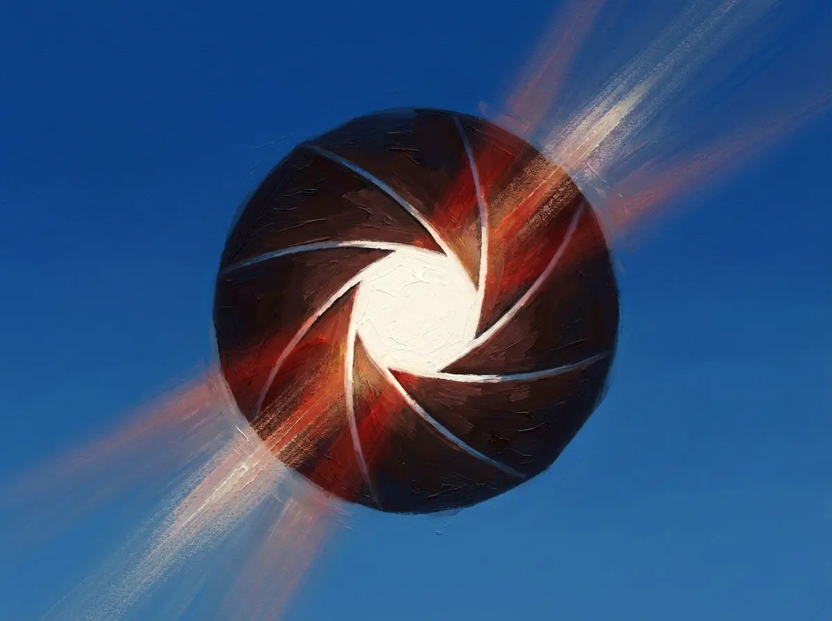 Painted camera aperture with light rays on blue background
