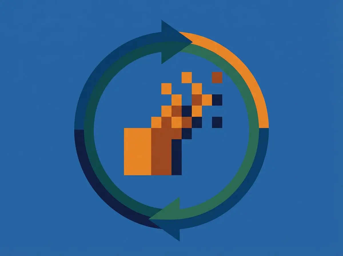 Circular arrows surrounding pixelated blocks on blue background