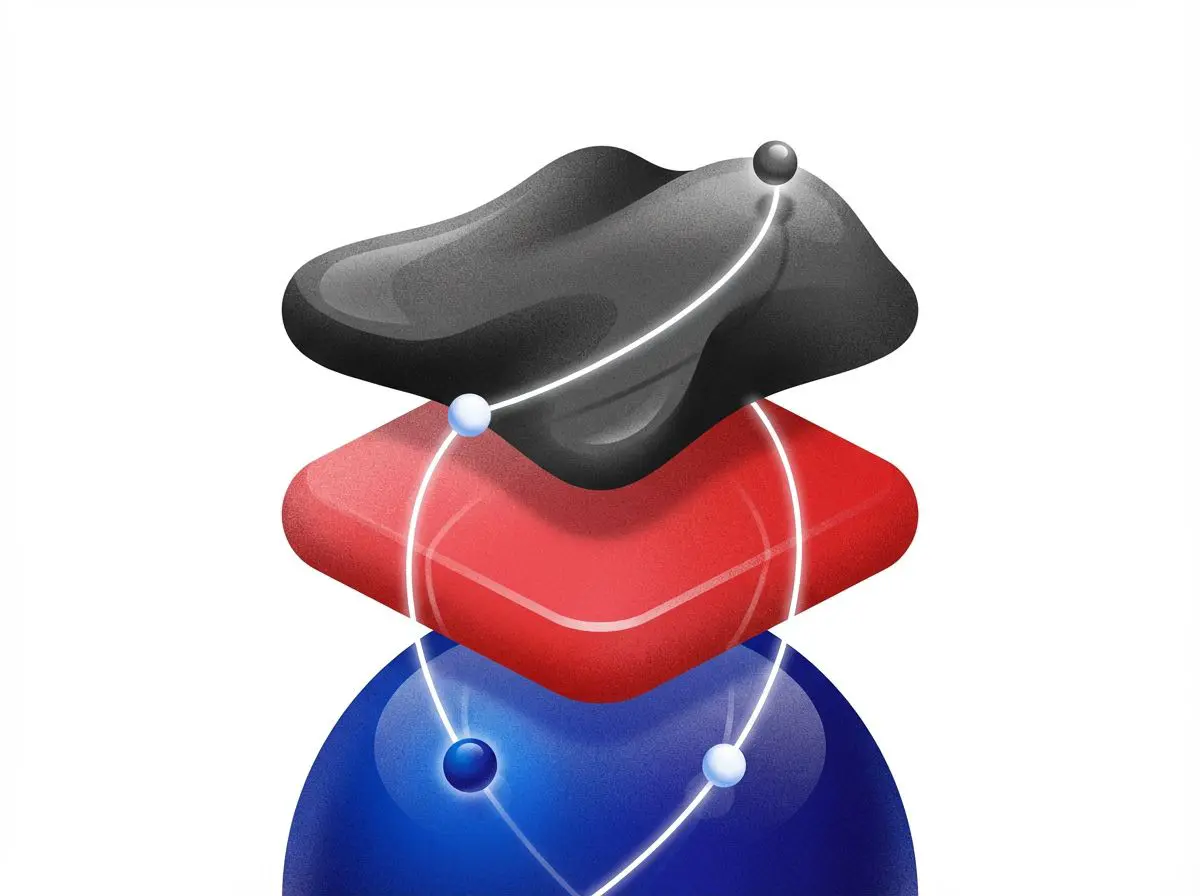 Stacked black, red, and blue shapes linked by an orbit line