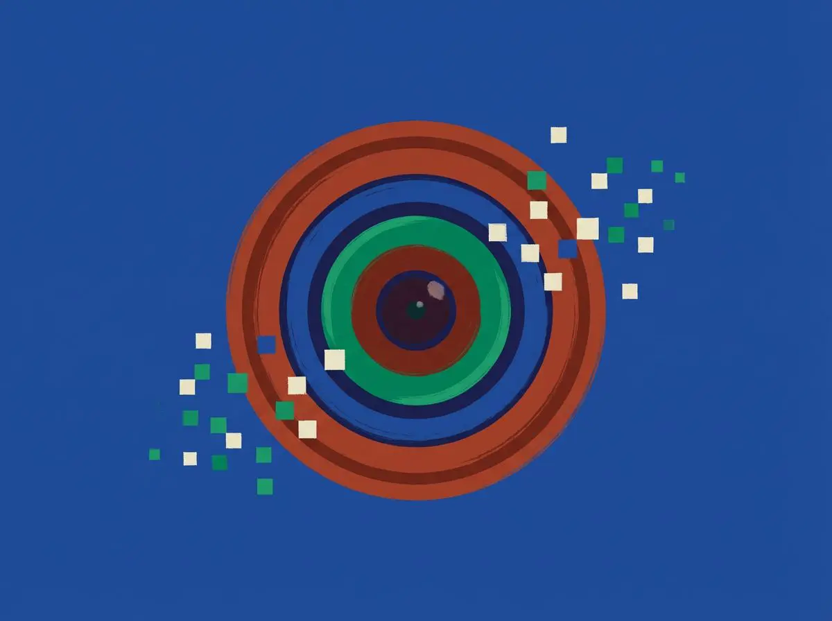 Concentric lens rings with scattered pixel squares on blue