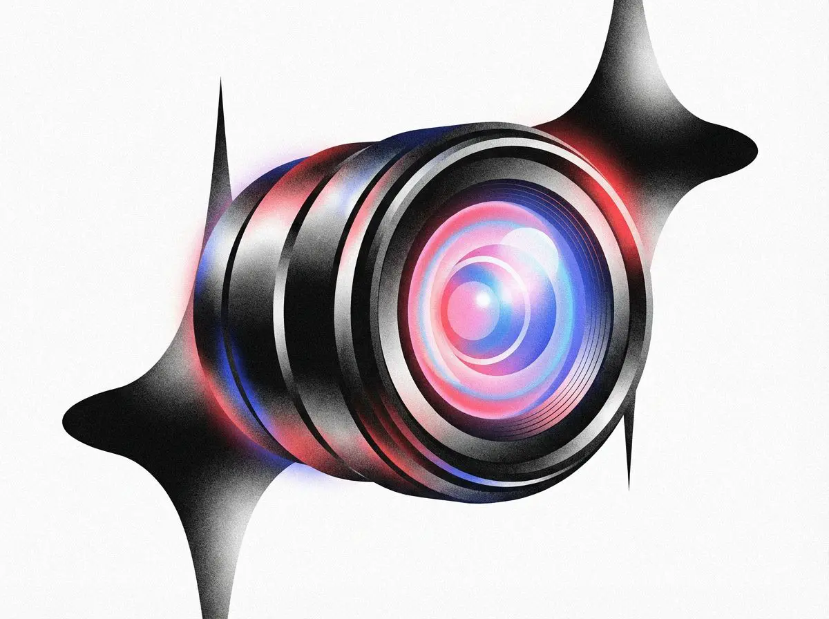 Camera lens glowing pink and blue between black star shapes
