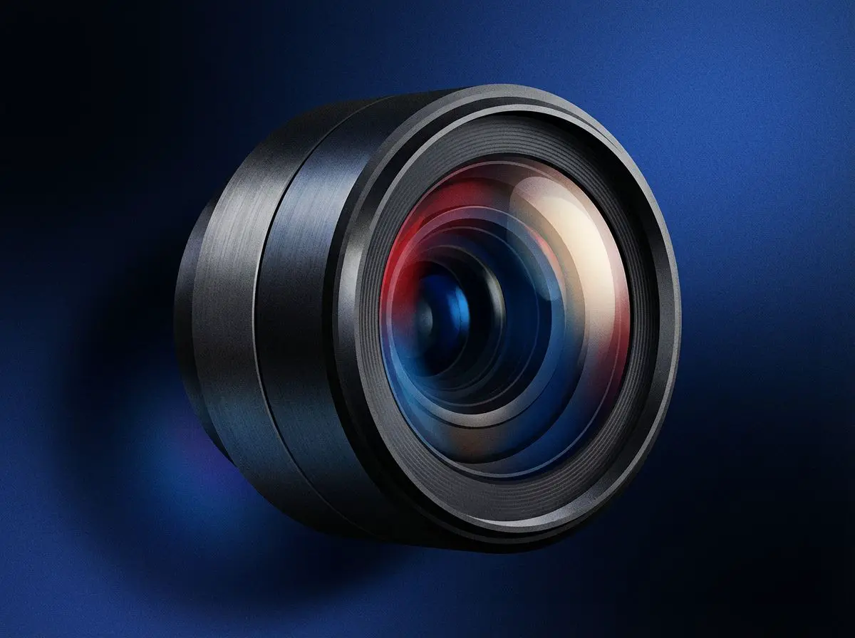 Camera lens with colorful reflections on dark blue background