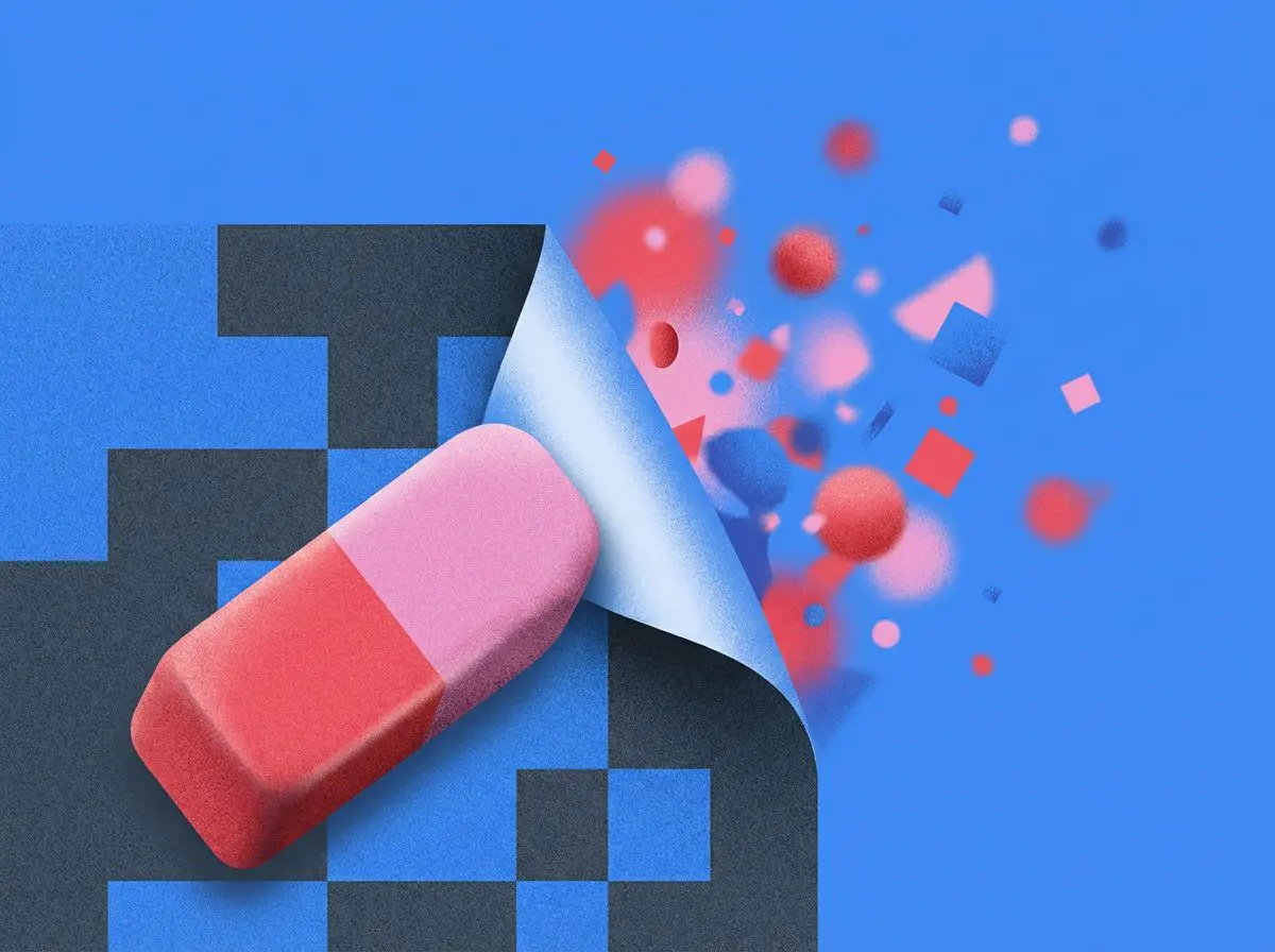 Eraser peeling back a pixelated layer revealing scattered shapes