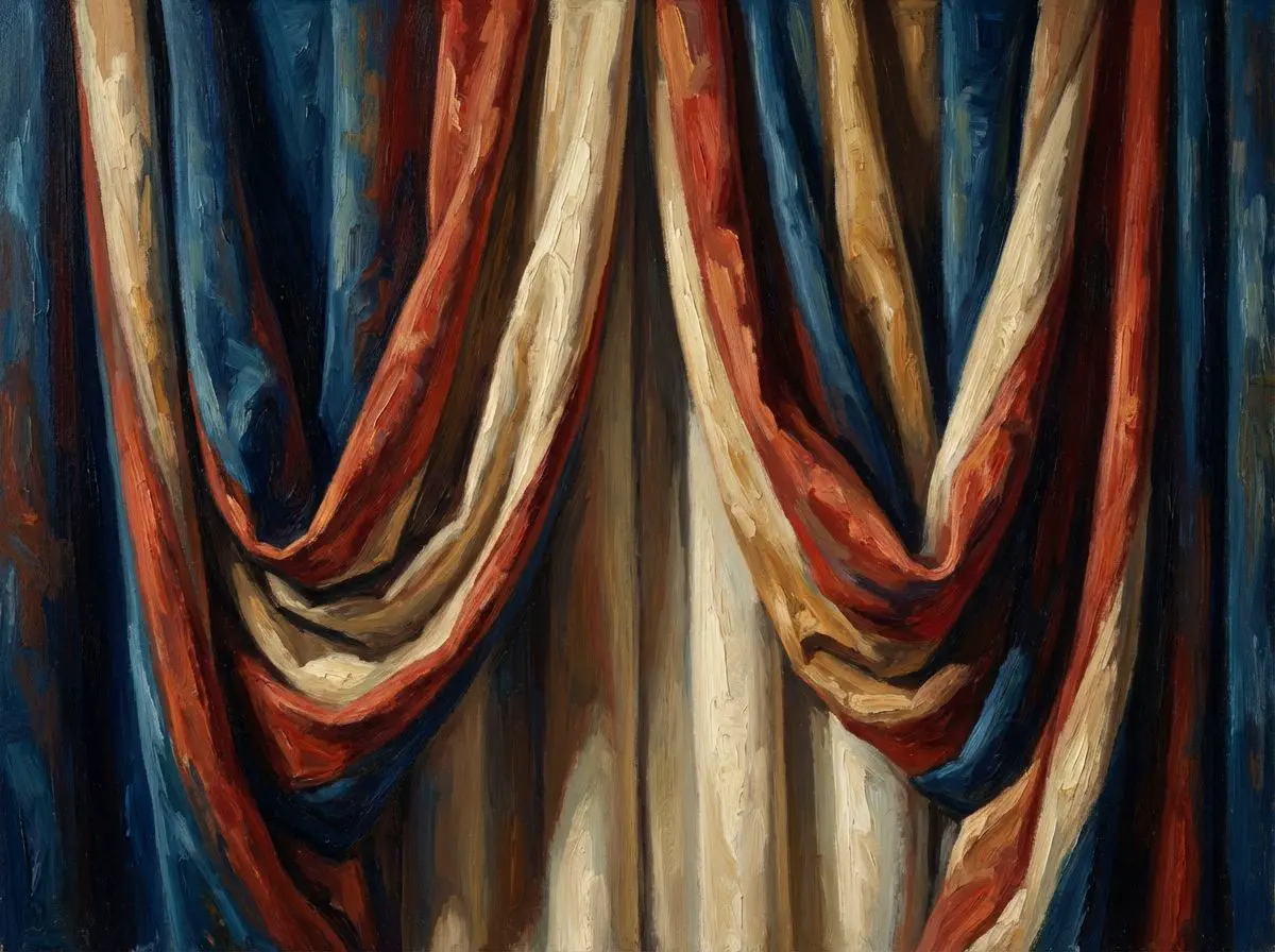 Oil painting of draped curtains in red, cream, and blue