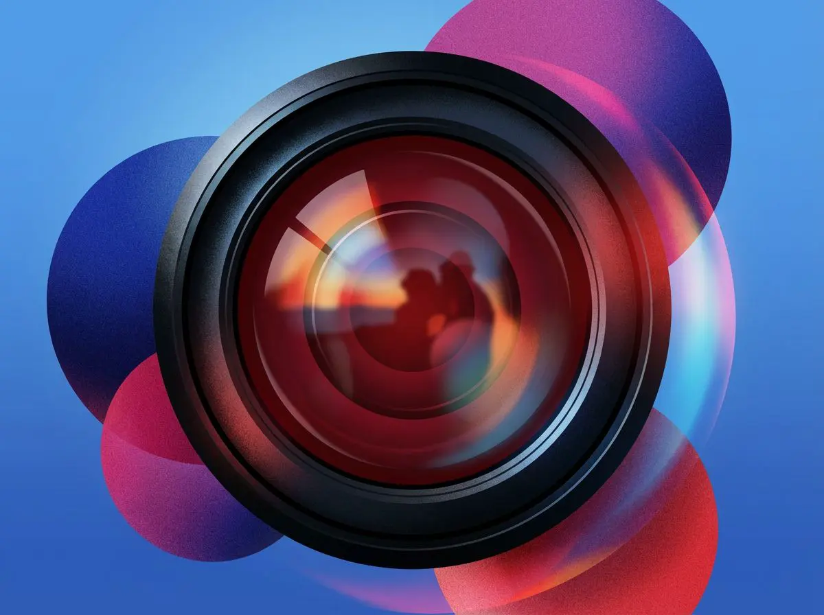 Camera lens with red glass surrounded by colorful circles