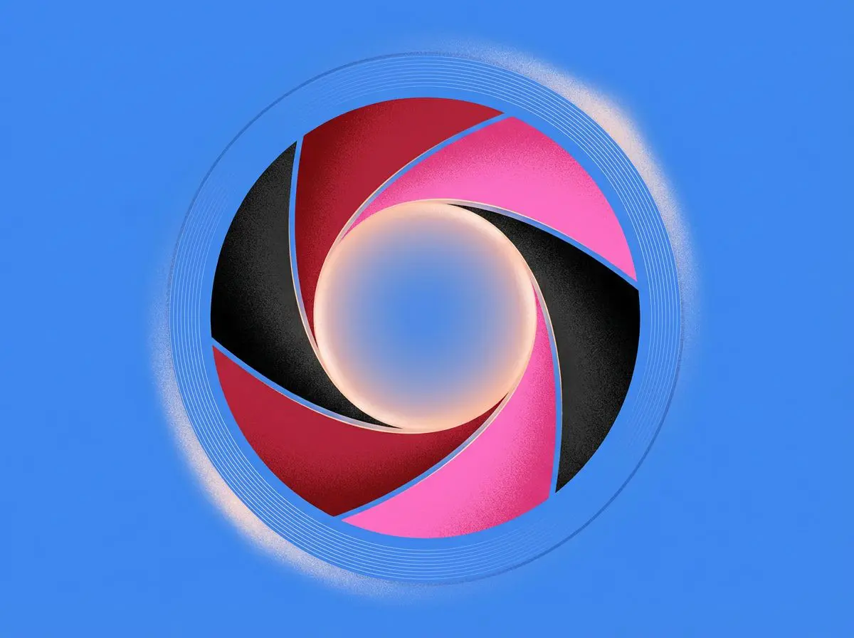 Aperture blades in pink, red, and black forming a swirl