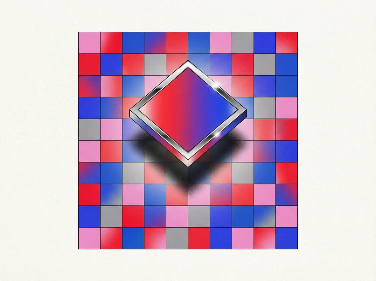 Chrome diamond hovering over a red and blue checkered grid