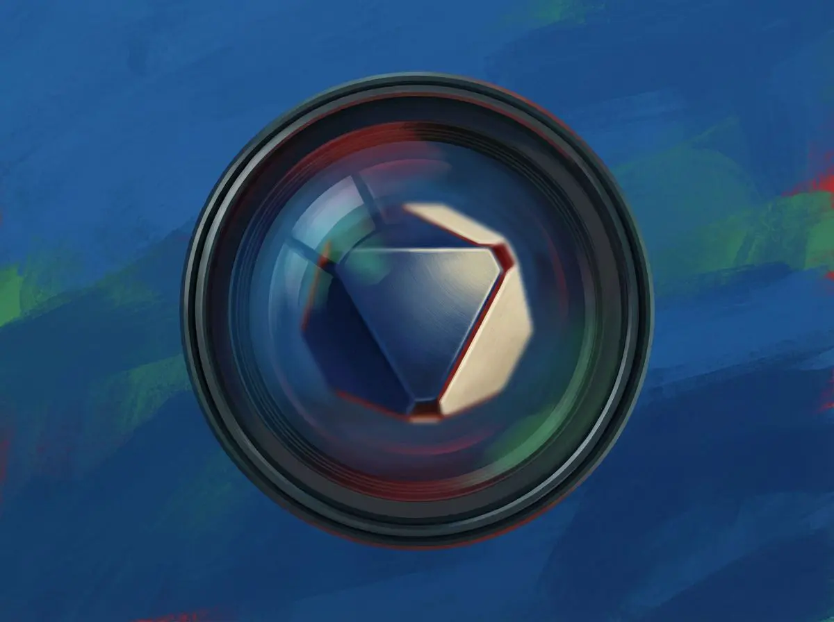 Camera lens with a metallic prism inside on painted background