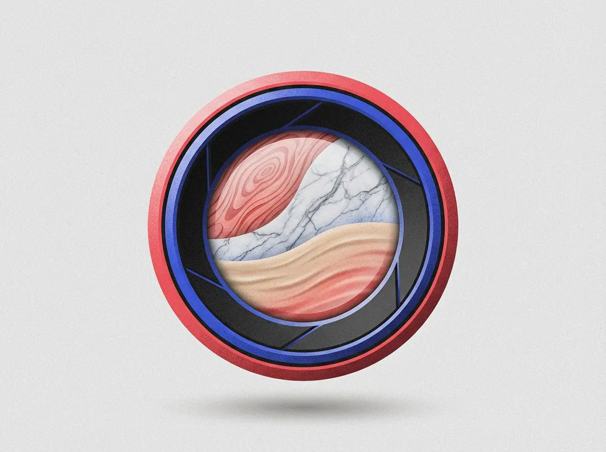 Lens badge framing wood, marble, and fabric textures