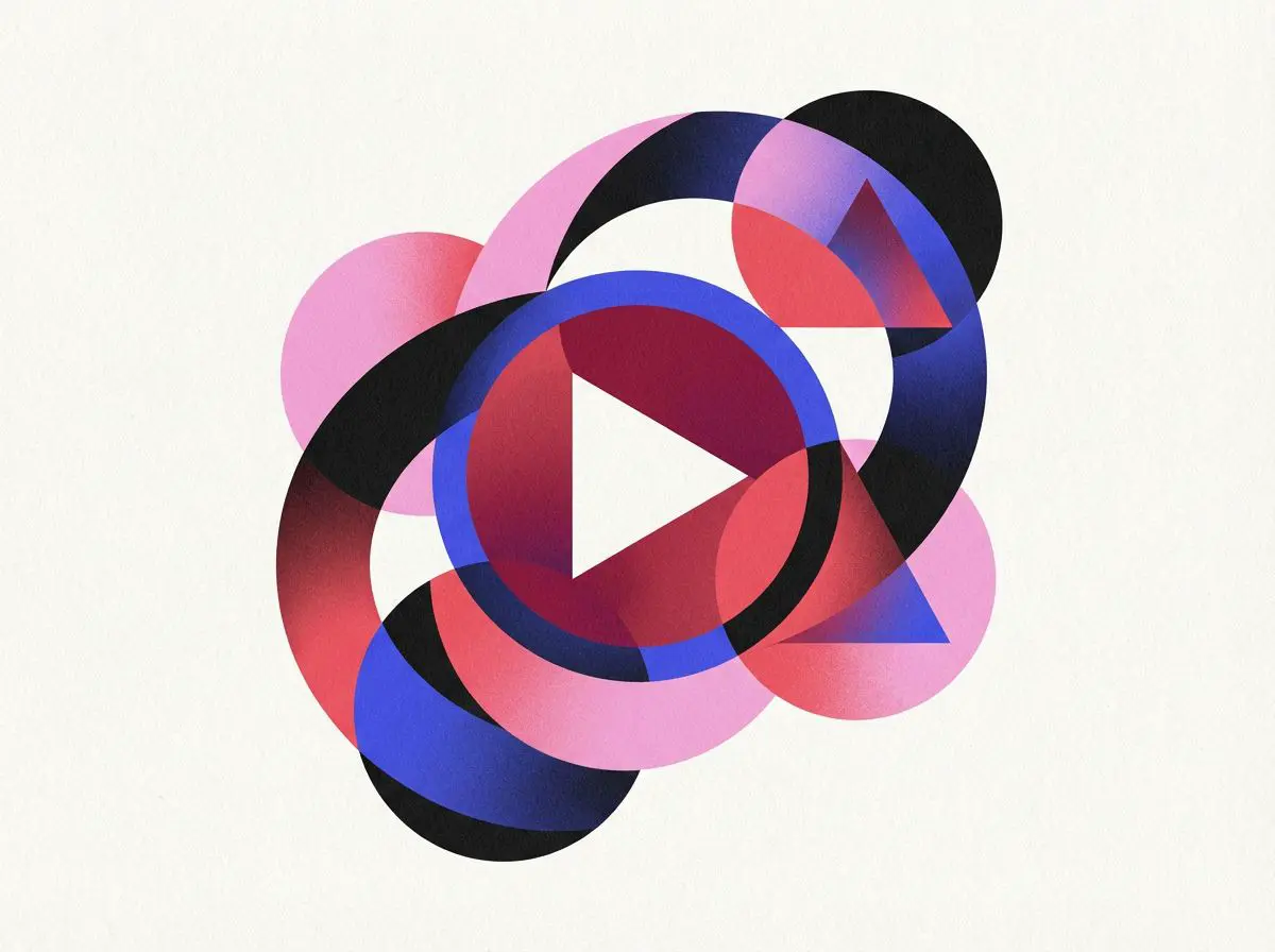 Play button among overlapping pink, blue, and black shapes