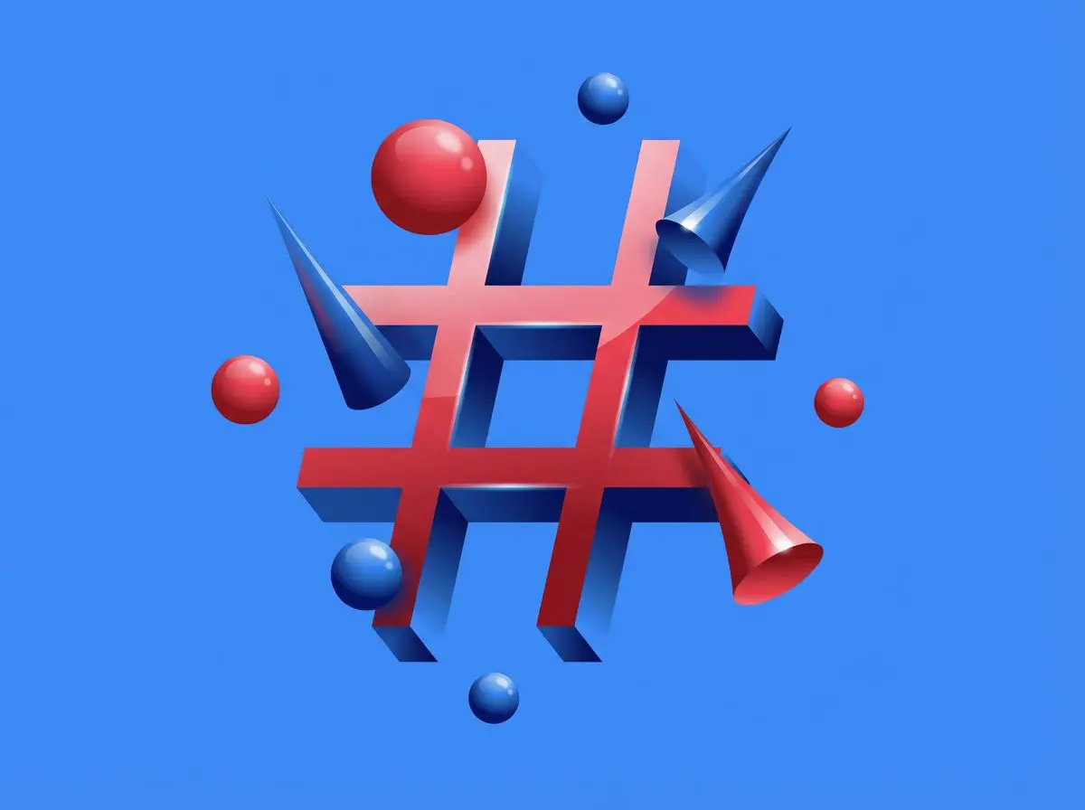 3D hashtag with cones and spheres on blue background