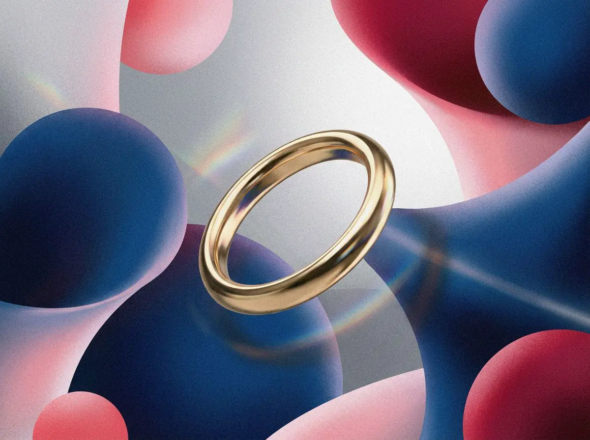 Gold ring floating over abstract red and blue shapes