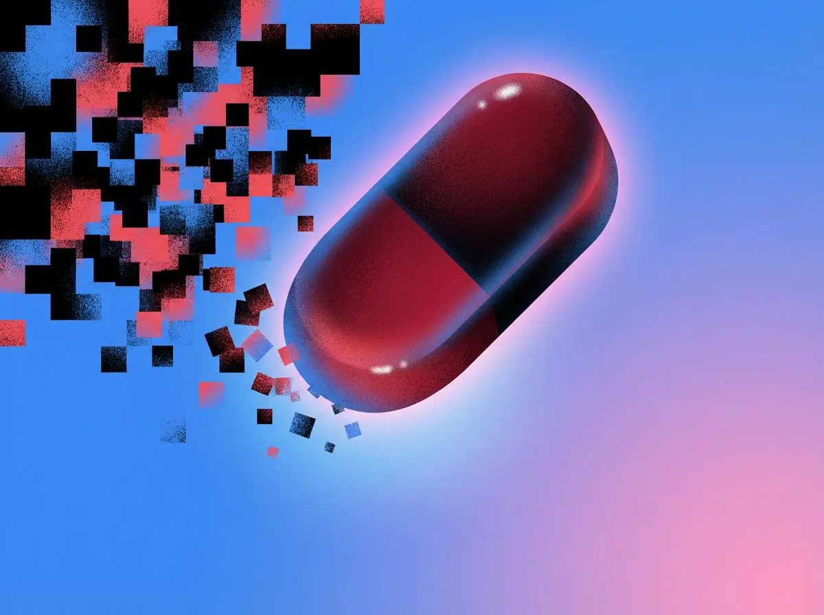 Red capsule dissolving into scattered pixels on blue background