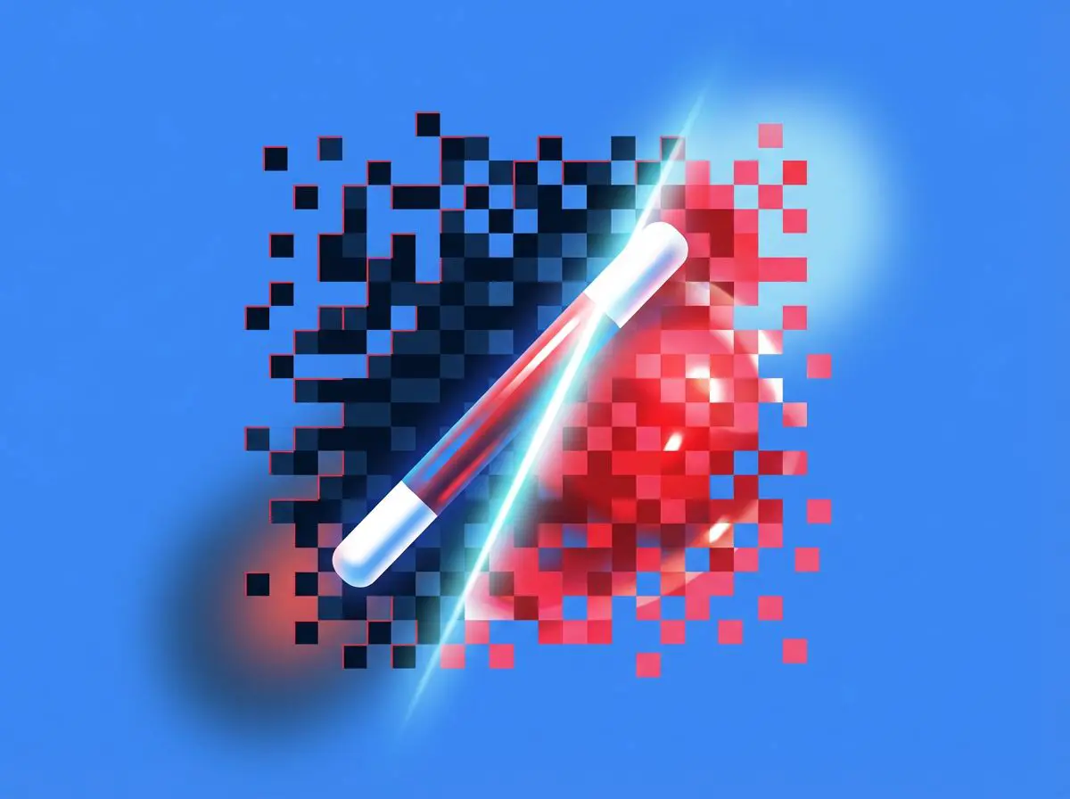 Magic wand sweeping light across a pixelated mosaic