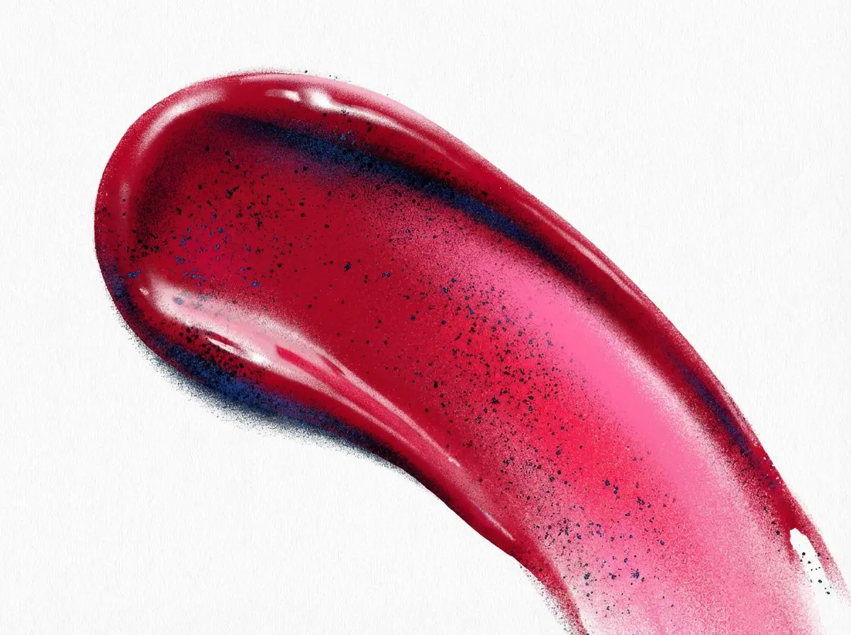 Glossy red lipstick smear on white background