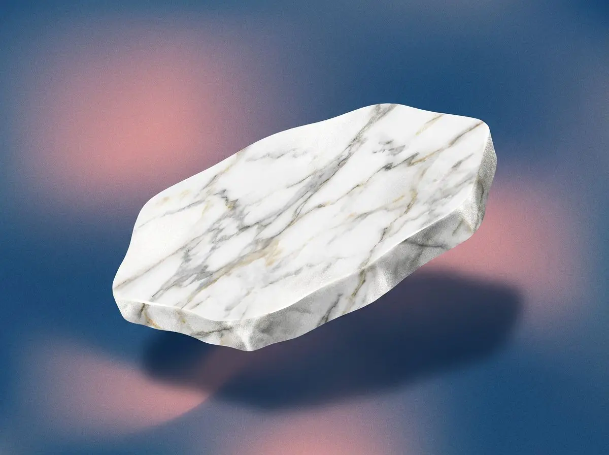 Marble slab floating over a blue and pink background