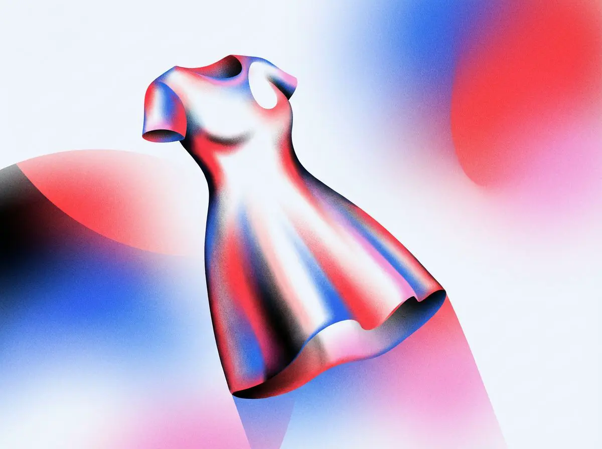 Flowing dress in shimmering red, white, and blue gradients