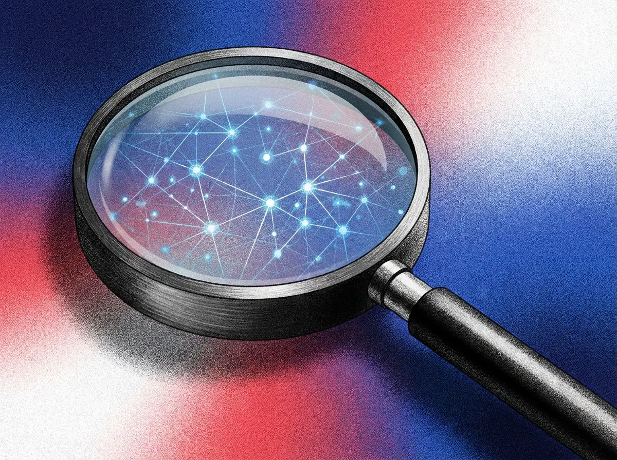 Magnifying glass revealing a glowing network of connected dots