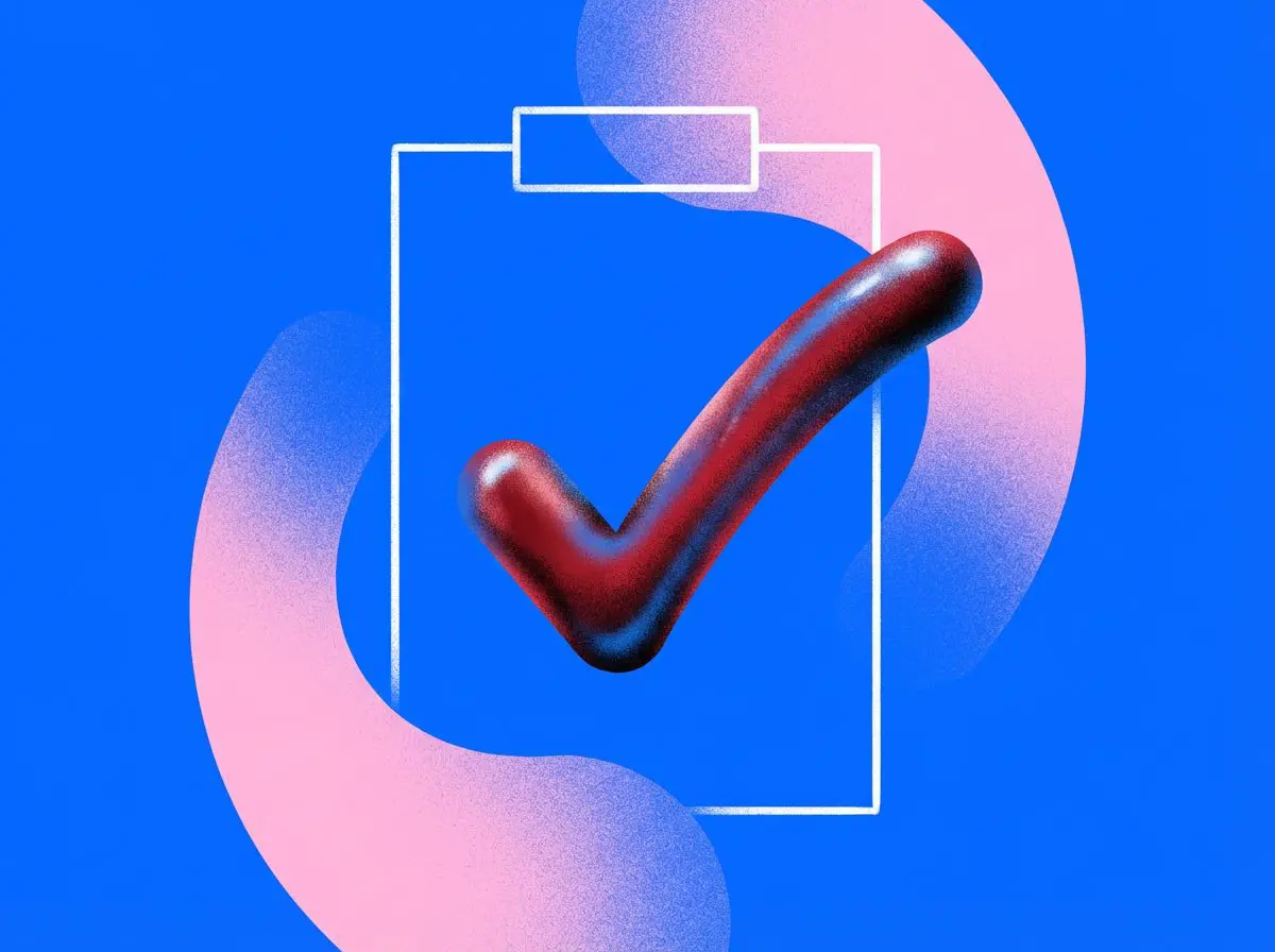 Glossy red checkmark over an outlined clipboard