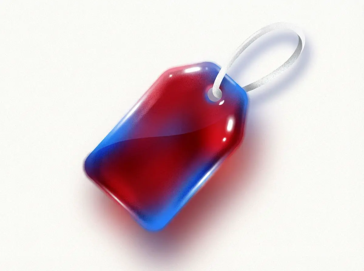 Glossy red and blue price tag on a string