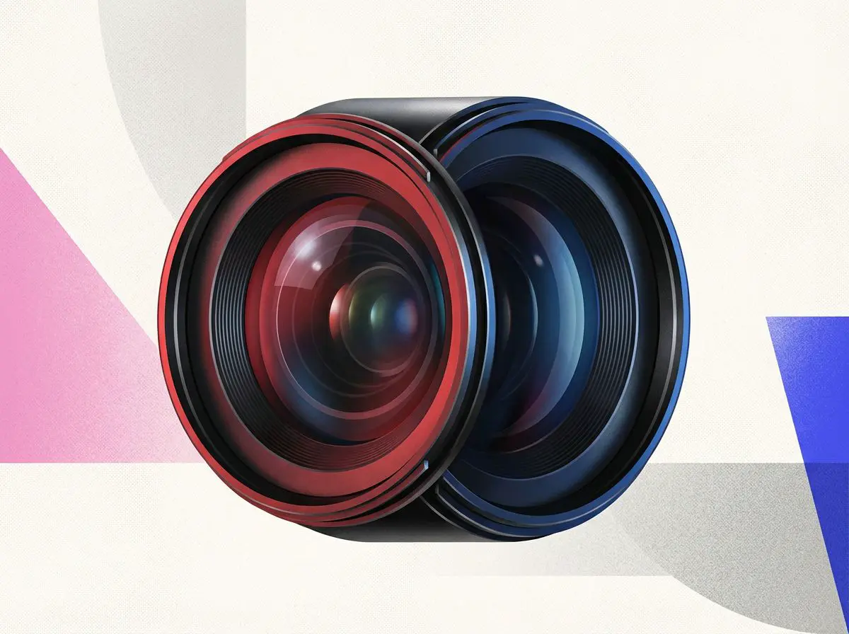Red and blue camera lenses joined back to back