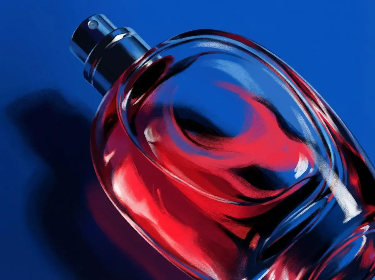 Perfume bottle with swirling red liquid on blue background