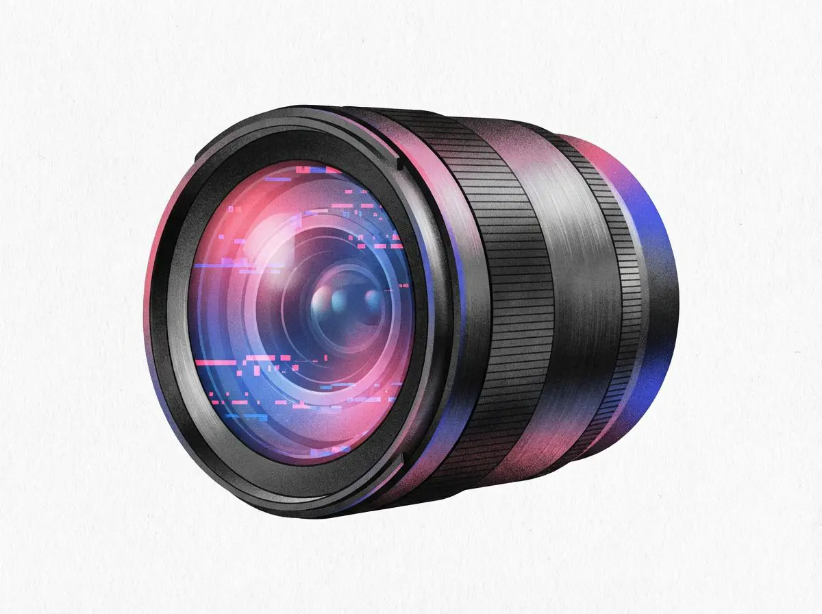 Camera lens with glitch pixels across the glass