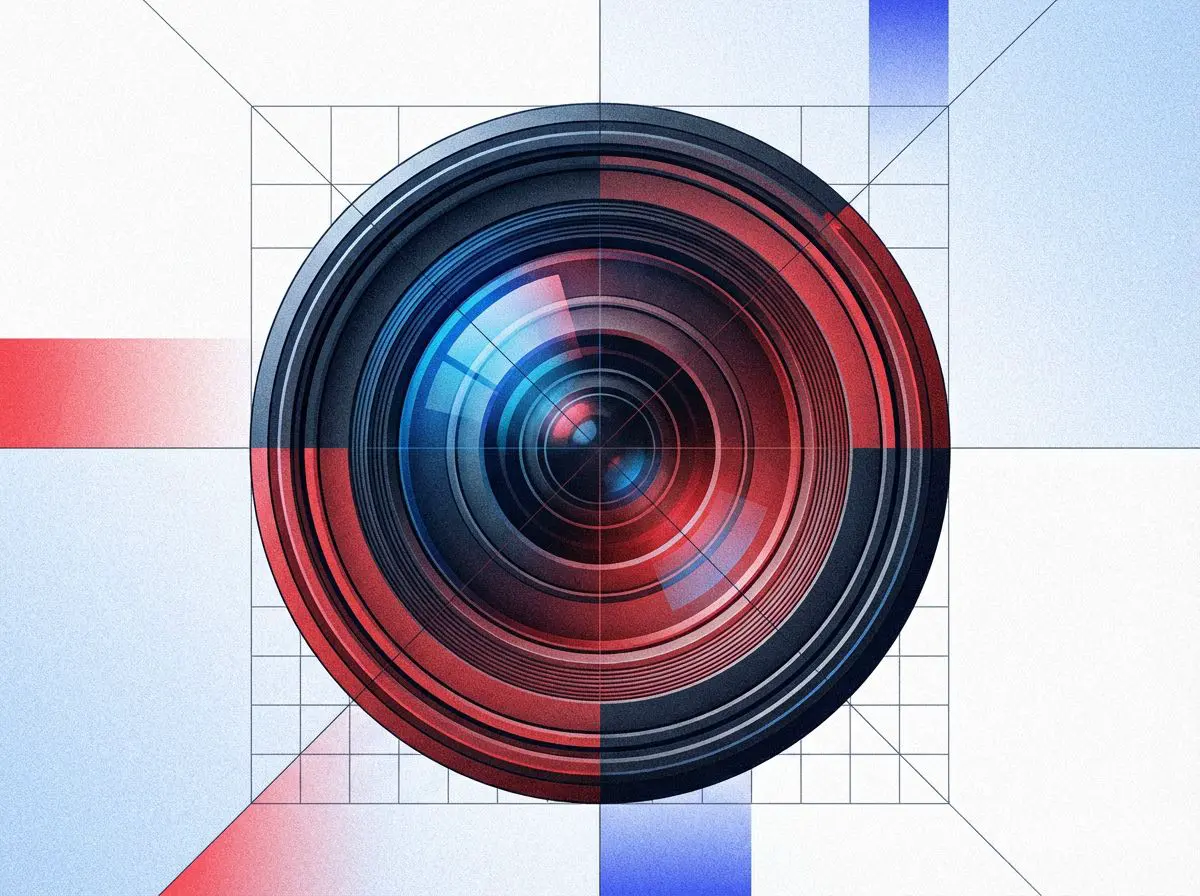 Camera lens centered on a grid of alignment guides