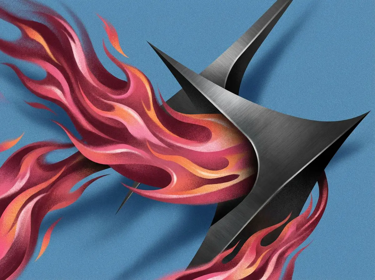 Pink flames weaving through sharp metal blades