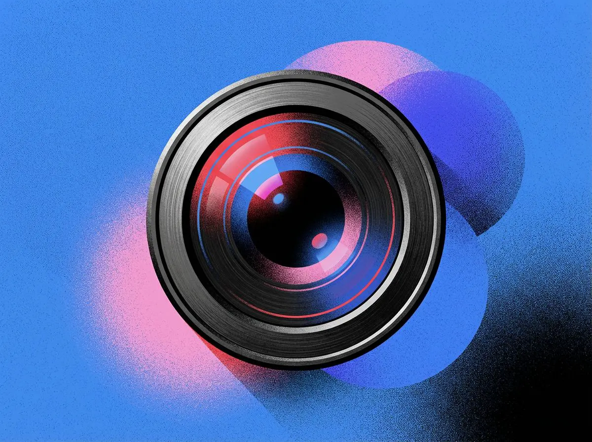 Camera lens on blue background with pink and purple circles