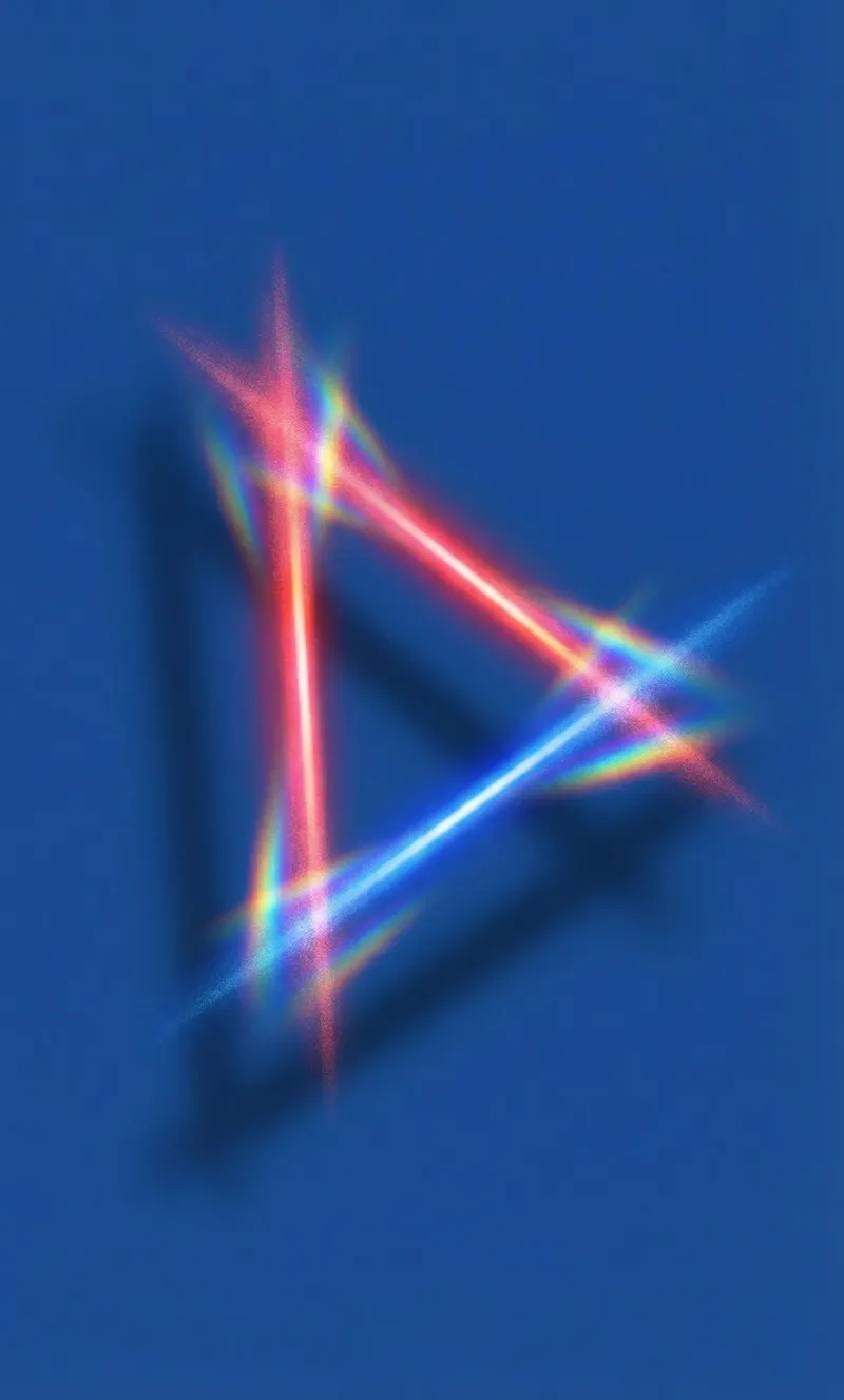 Prismatic light streaks forming a triangle on blue
