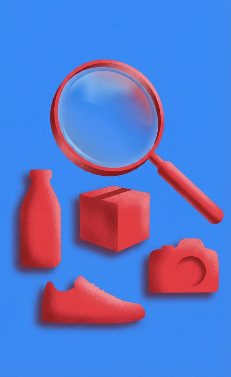 Red magnifying glass over product icons on blue background