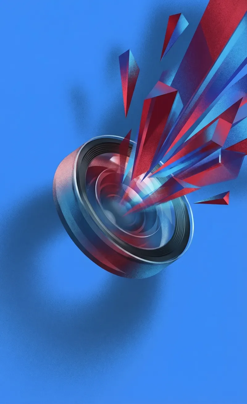 Crystal shards bursting from a camera lens on blue