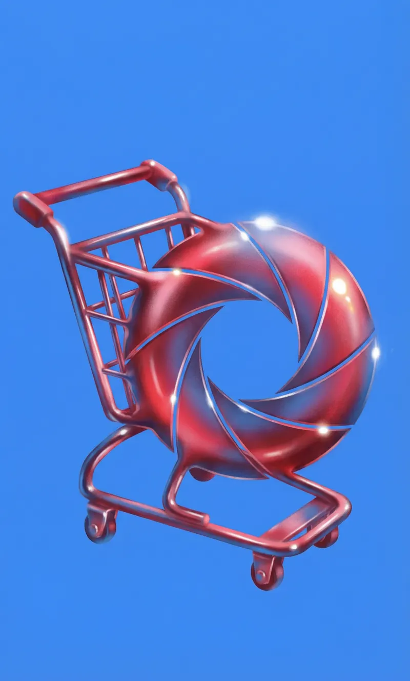 Shopping cart carrying a giant metallic aperture ring