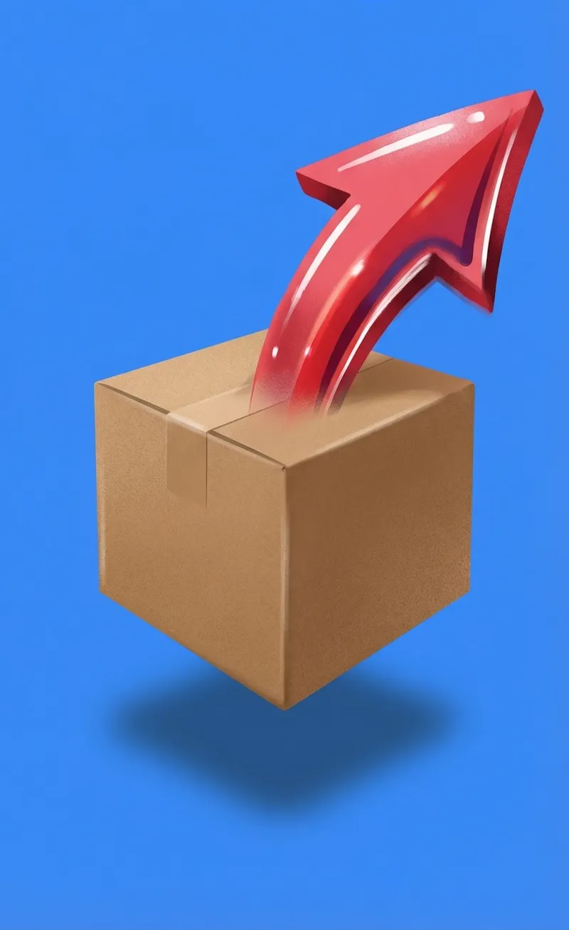 Red arrow curving up from an open cardboard box