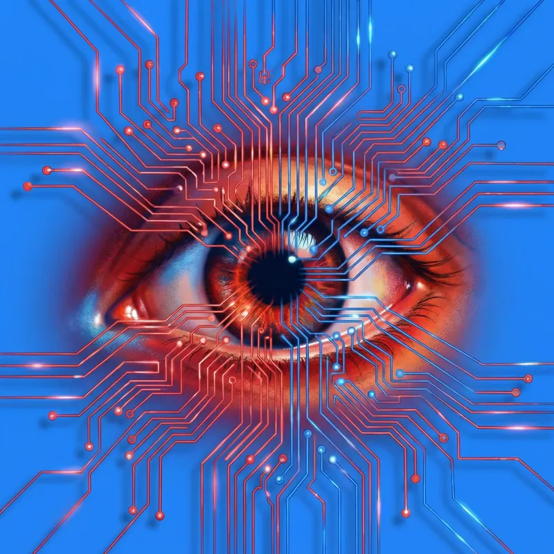 Human eye overlaid with glowing circuit traces