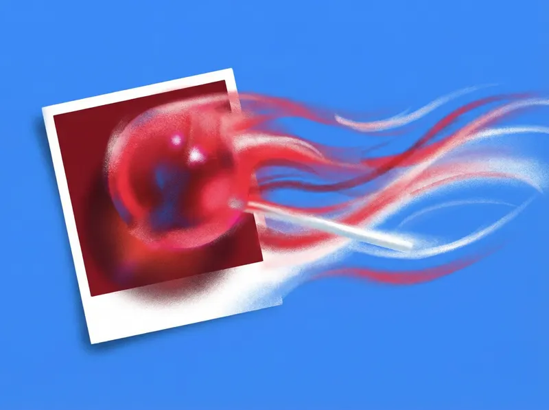 Red sphere in a photo frame trailing wisps of smoke