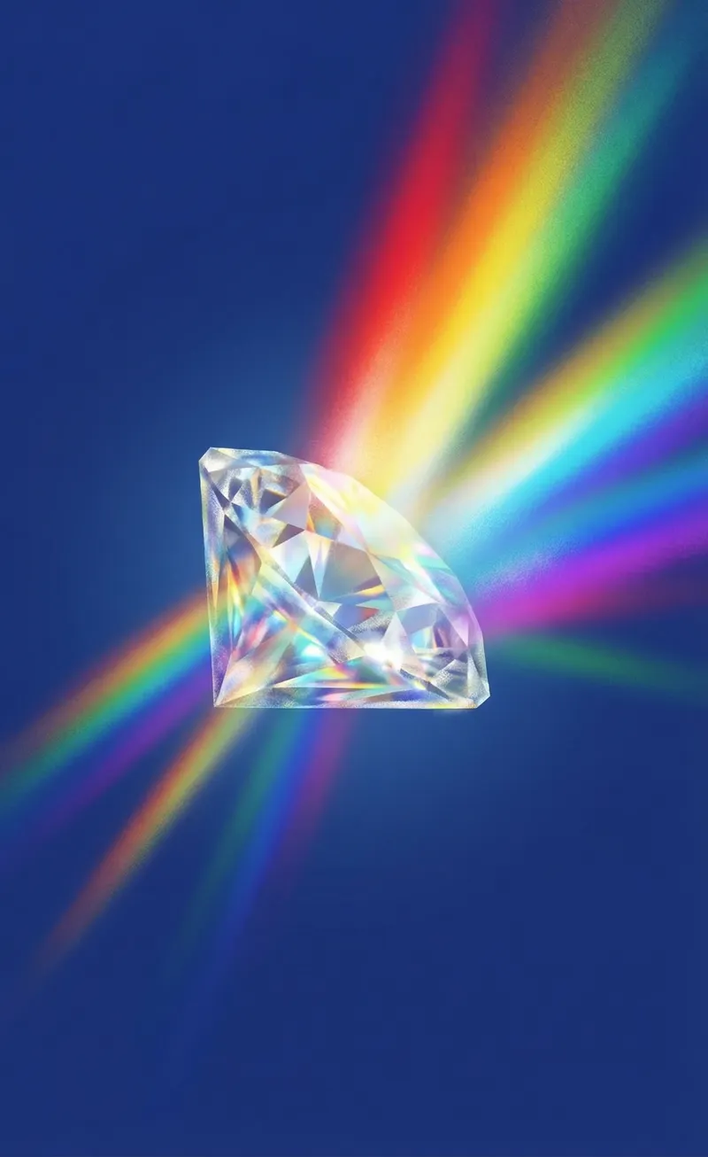 Diamond refracting rainbow light on a dark blue background