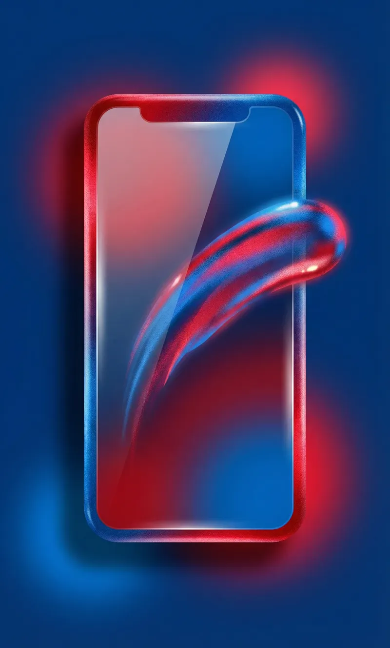 Red and blue swoosh bursting from a phone screen