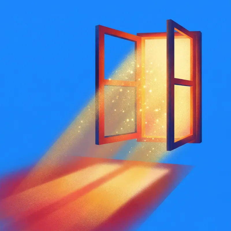 Open window pouring golden light and sparkles onto blue