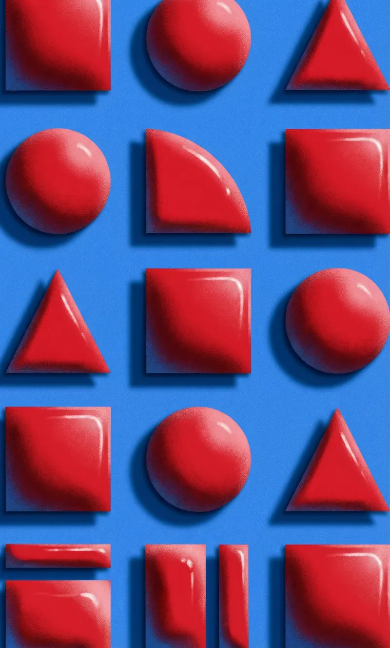 Grid of glossy red 3D shapes on blue background